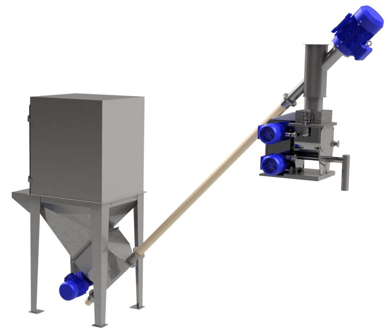 sack tip station with flexible conveyor and screw feeder